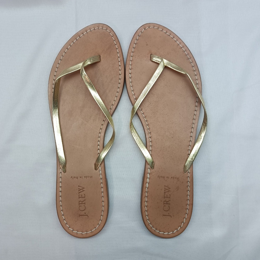 J.Crew Womens 10 Metallic Gold Leather Flip Flop Sandals Made in Italy Beach